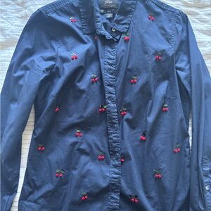 J. Crew Men's Dark Blue Shirt with Cherry Embroidery